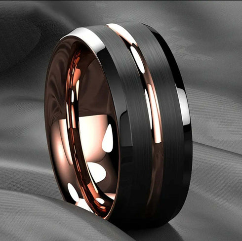 Men's 8mm Tungsten Brushed Black Rose Gold Grooved Comfort-Fit Wedding Band